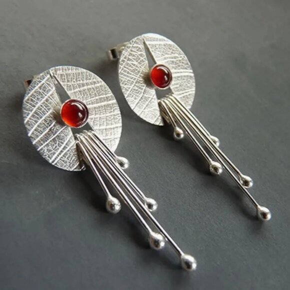NEW Katya Handmade Silver and Red Cabochon Geometric Dangle Earrings - Picture 3 of 4